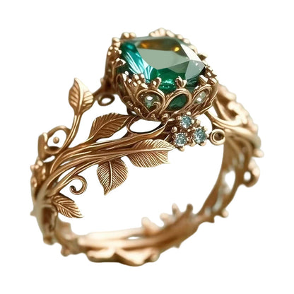 ✨💖Anillo de cristal sintético verde con hojas intrincadas💍
