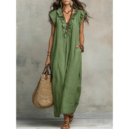 👗Vestido casual sin mangas para mujer con escote en V y volantes💚